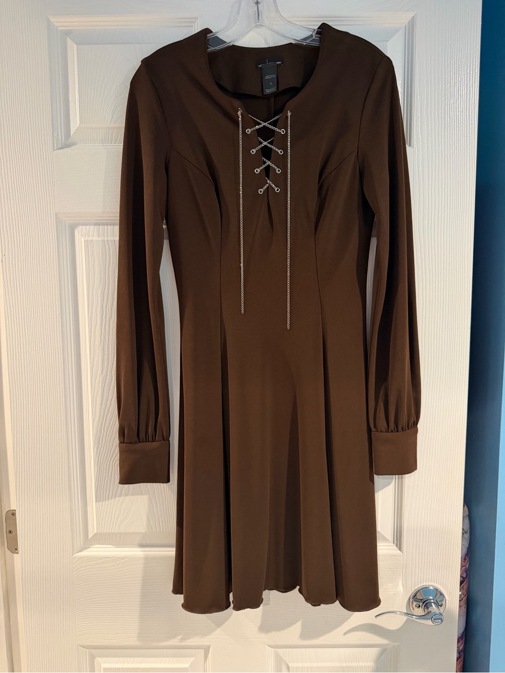 Women’s Brown Lace-Up Long Sleeve A-Line Dress